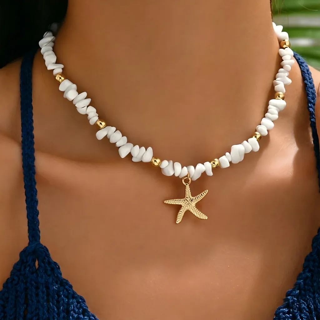 Bohemian Ocean Starfish & Shell Pendant Choker – Turquoise Beach Vacation Necklace for Women, Hippie Summer Jewelry with Seashell Charm, Boho Collarbone Chain Gift for Her